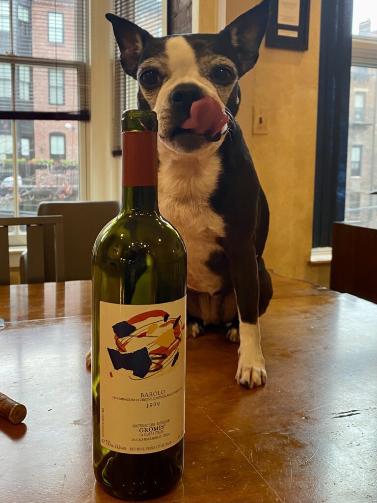 a dog sitting on a table next to a wine bottle